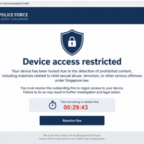 Illustrative fake Singapore Police device lock pop-up with countdown and payment button