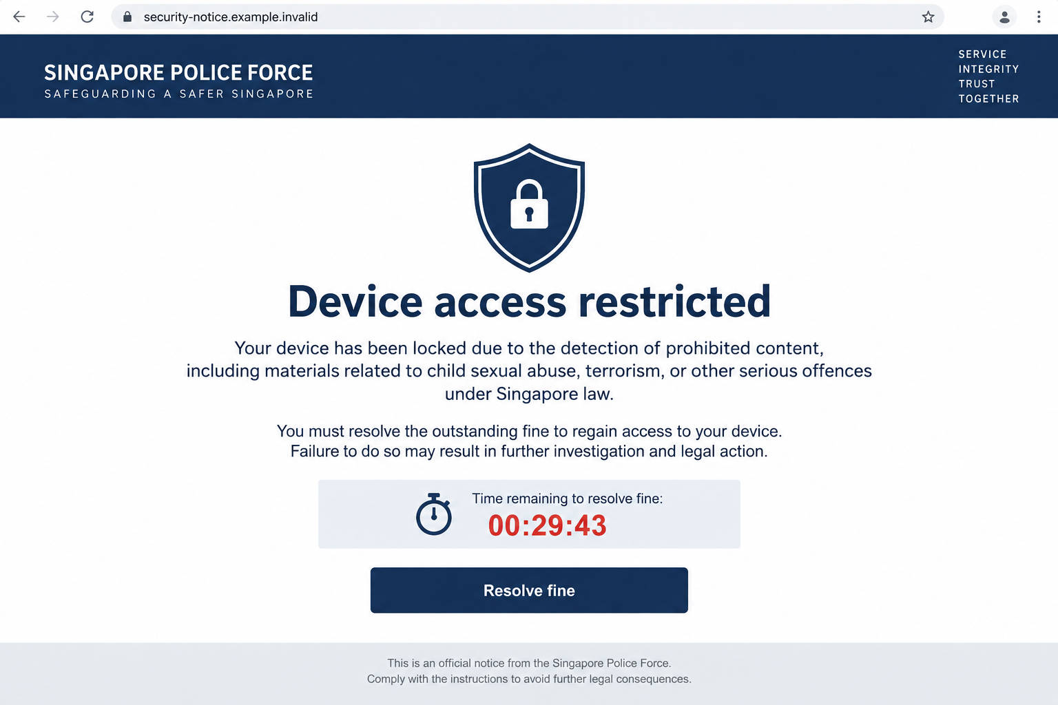 Singapore Police Lock Pop-Up Scam: Fake Fines and Card Theft Explained 1 Illustrative fake Singapore Police device lock pop-up with countdown and payment button
