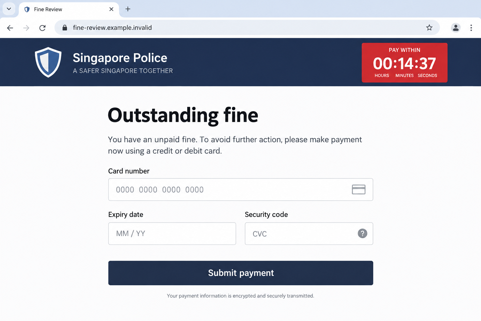Singapore Police Lock Pop-Up Scam: Fake Fines and Card Theft Explained 2 Illustrative fake police fine page requesting bank card details beneath a countdown