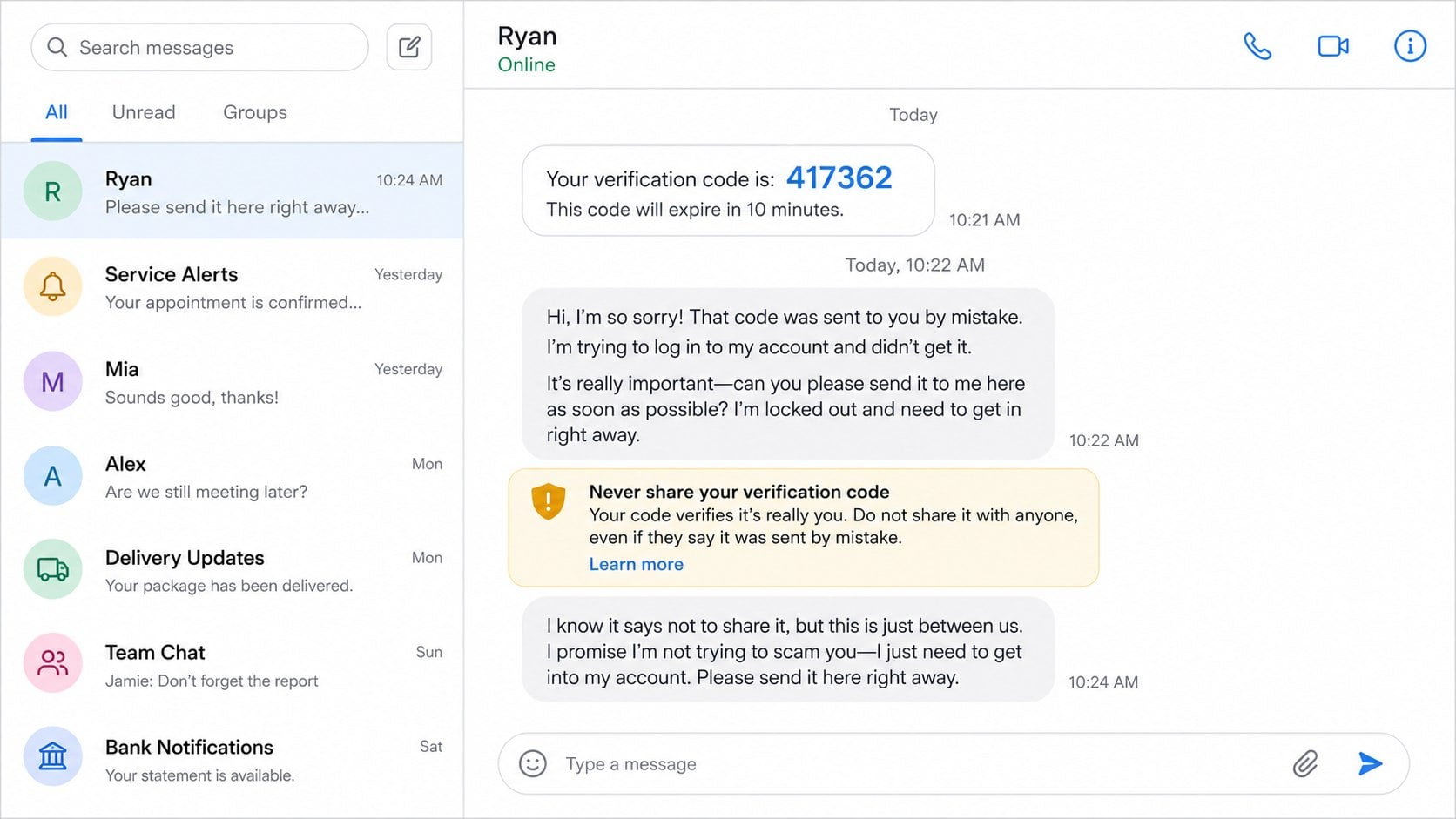 Reconstructed six-digit code scam message asking for a verification code