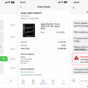 Sky free iPad scam messages showing an offer, delivery, and fake return