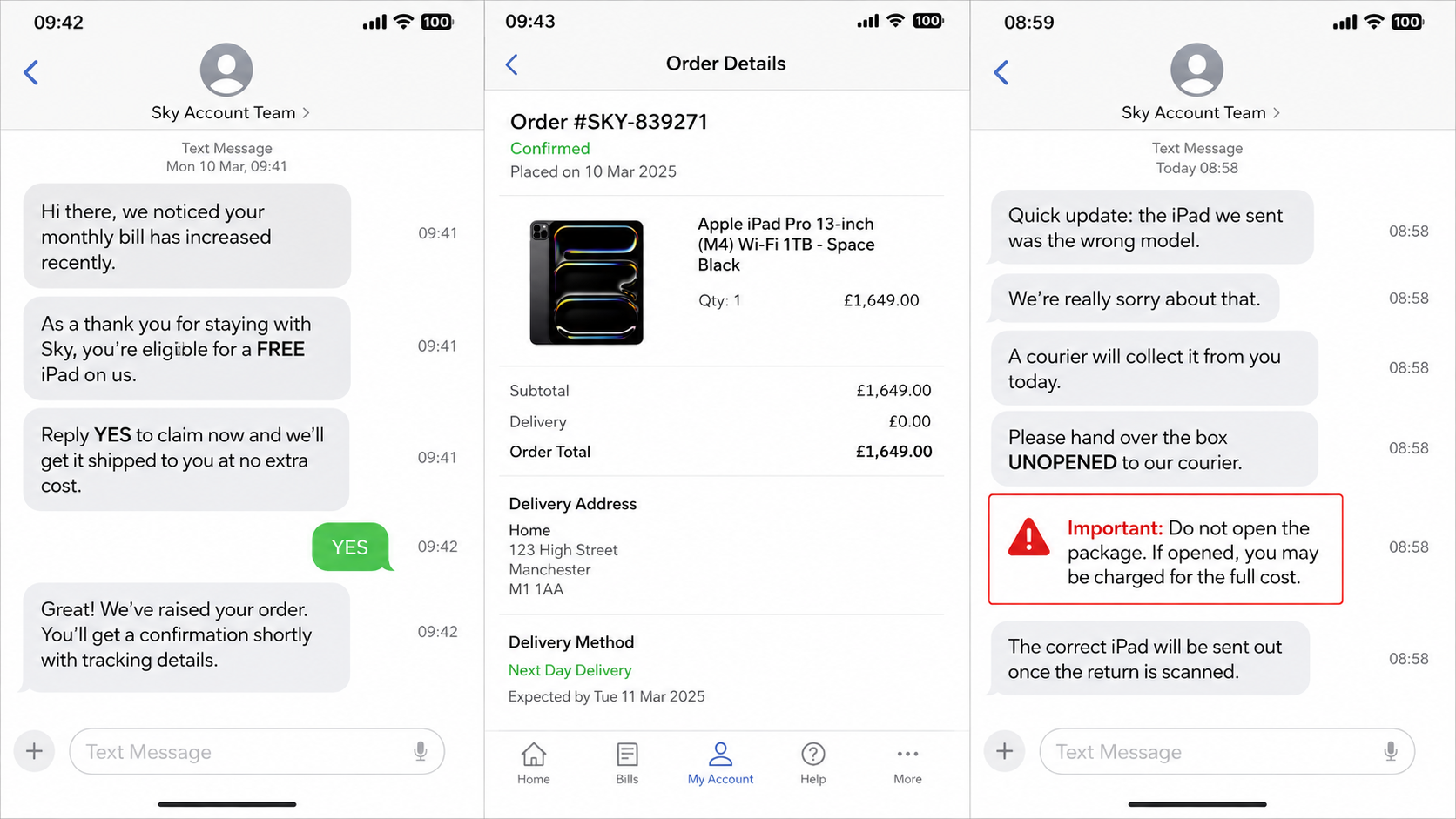 Sky Free iPad Scam Leaves Customers With the Bill 1 Fake Sky free iPad offer followed by a fraudulent courier collection request