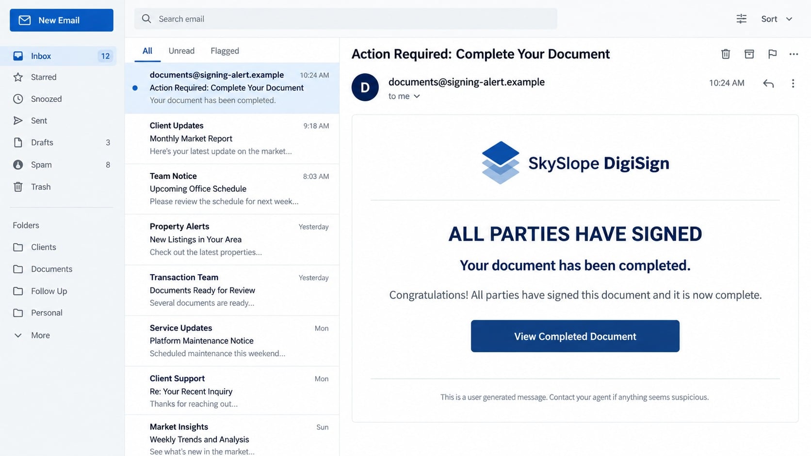 Fake SkySlope DigiSign email claiming a completed document is ready