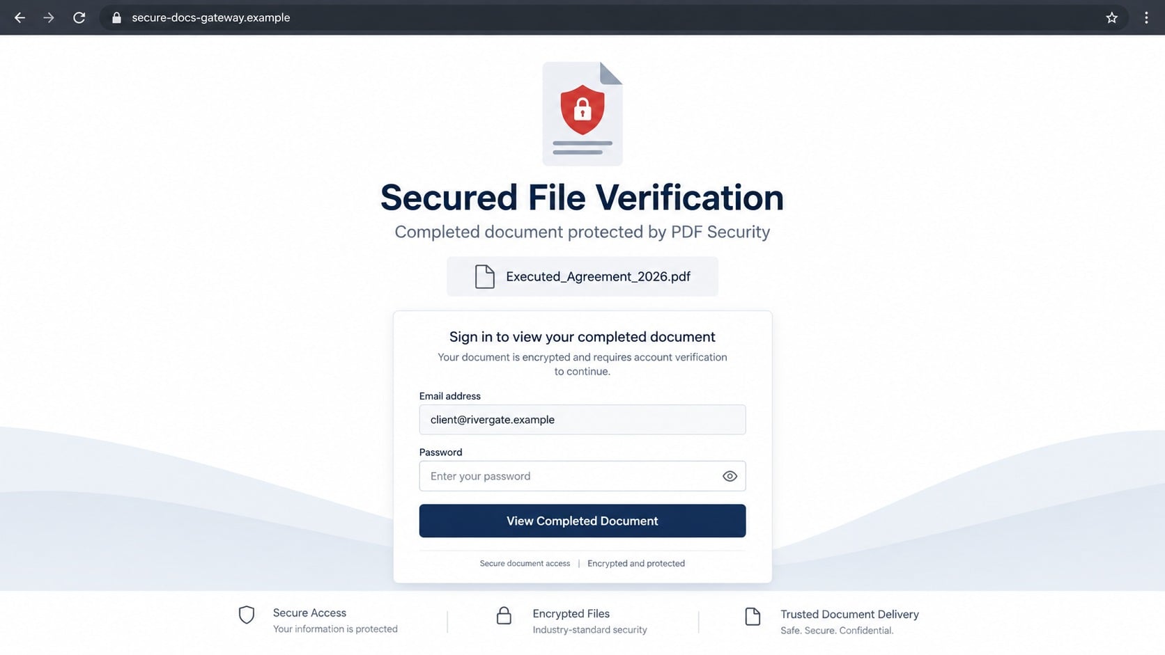 Fake secured file page asking for credentials to view a completed agreement