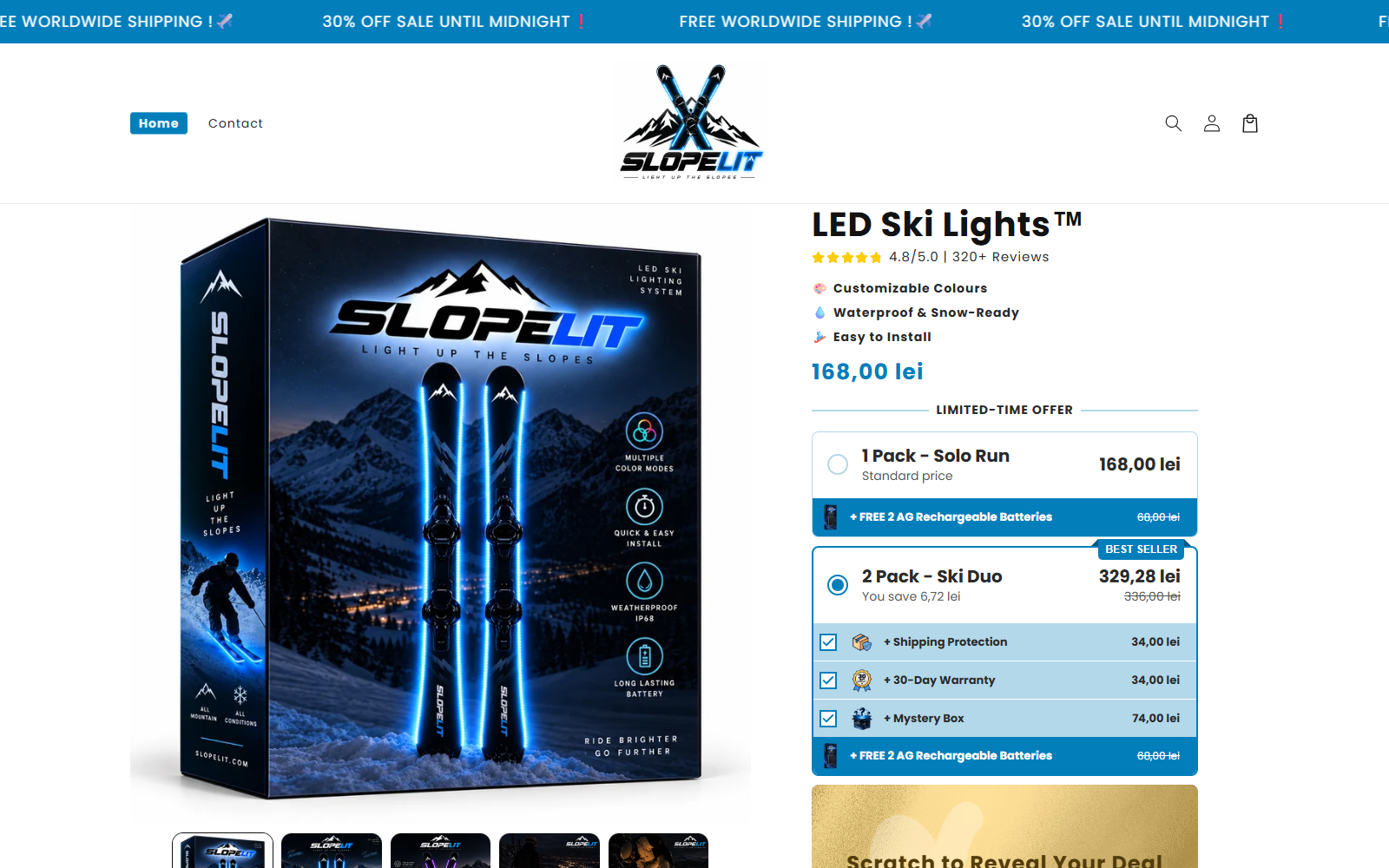 SlopeLit LED Ski Lights Reviews: Checkout Warning 1 SlopeLit LED Ski Lights page showing bundle selection and checked paid extras