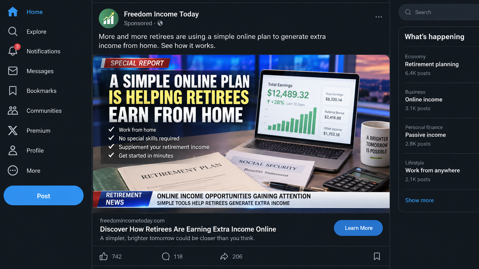 Sponsored social media advertisement promoting a simple online retirement income plan