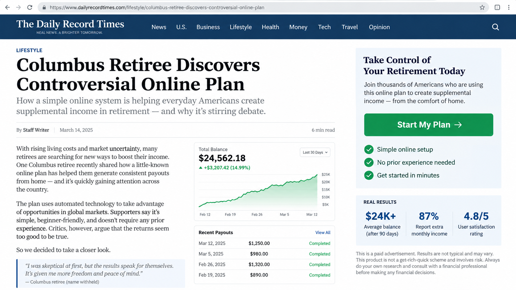 Fake news advertorial promoting a controversial online retirement income plan