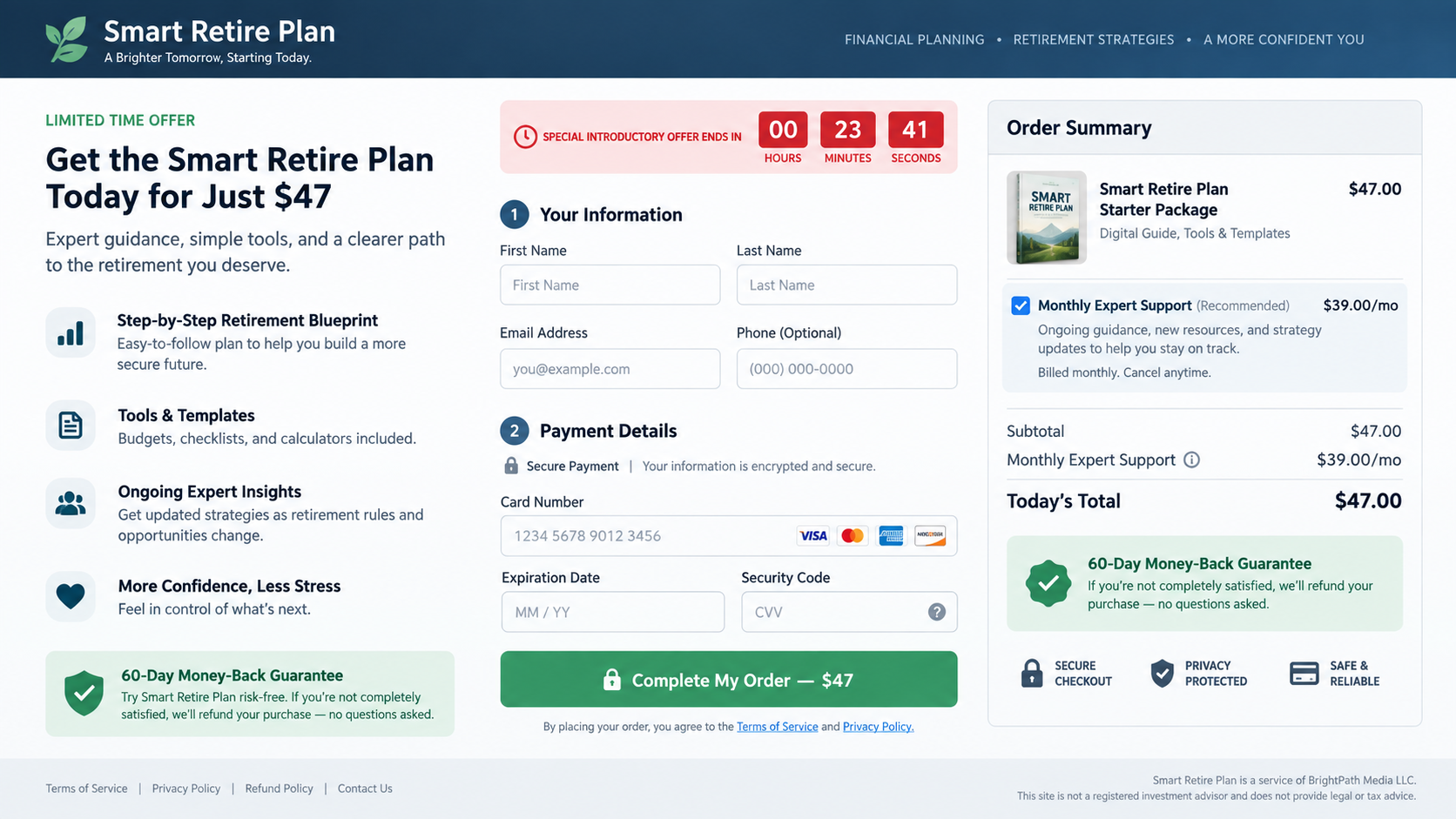 Smart Retire Plan checkout with a preselected $39 monthly support charge