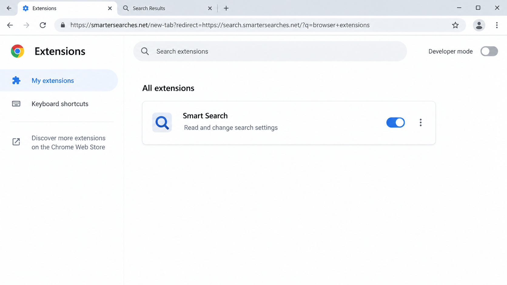 Illustrative browser extensions page with a Smart Search extension enabled