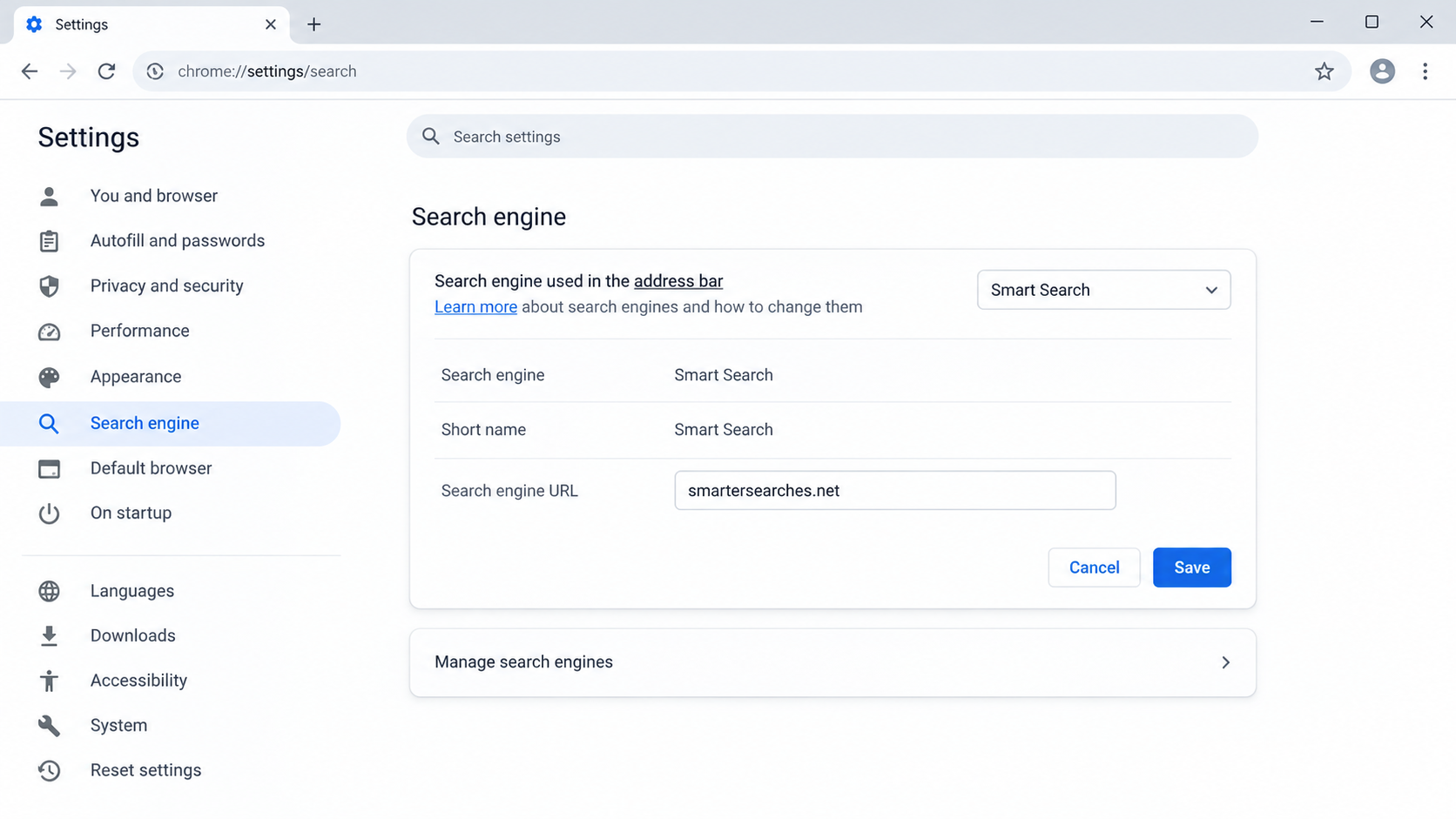Illustrative browser settings showing Smart Search and the smartersearches.net address