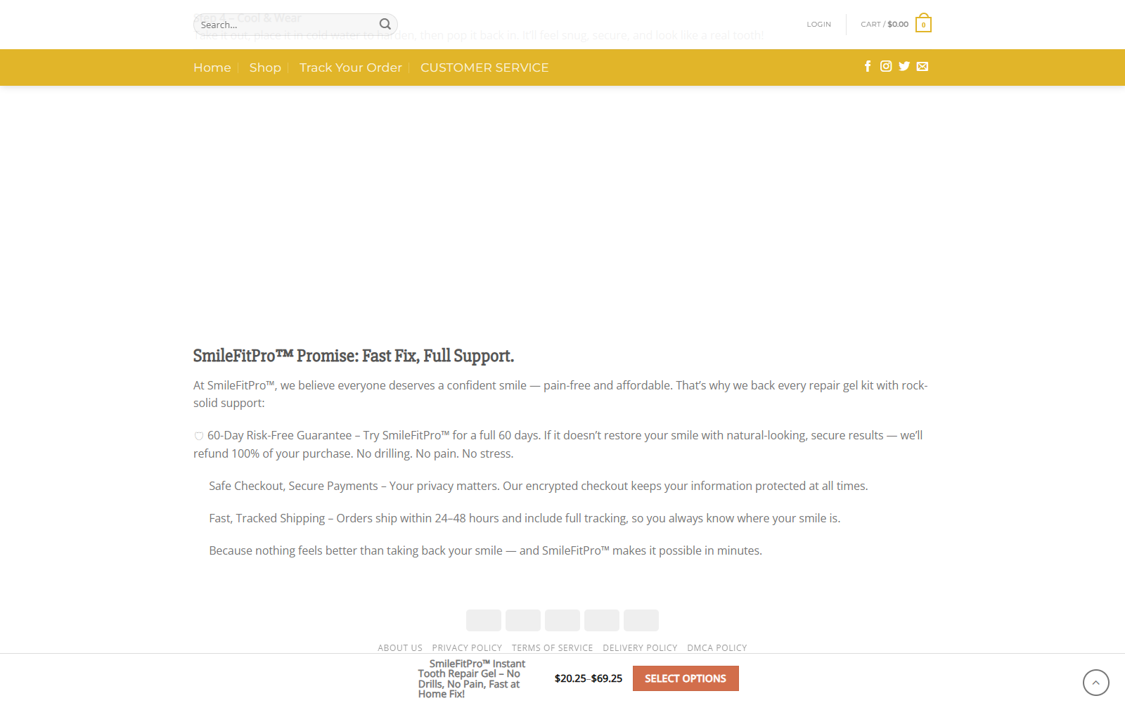 SmileFitPro Tooth Repair Gel Claims Exposed 3 SmileFitPro sales page promising a 60-day refund and fast tracked shipping
