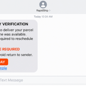Smishing Triad delivery verification text using a short link and a small fee story