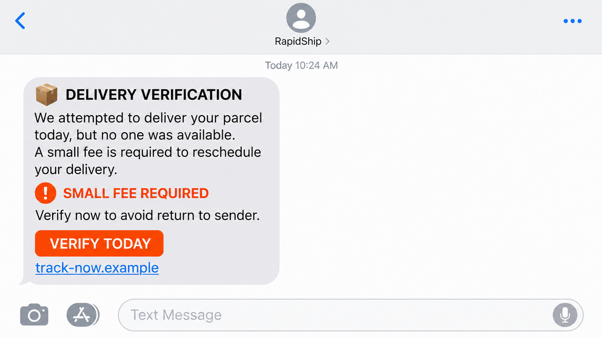 Smishing Triad Texts Steal Cards, OTPs, and Bank Logins 1 Smishing Triad text using a delivery verification story and a short link