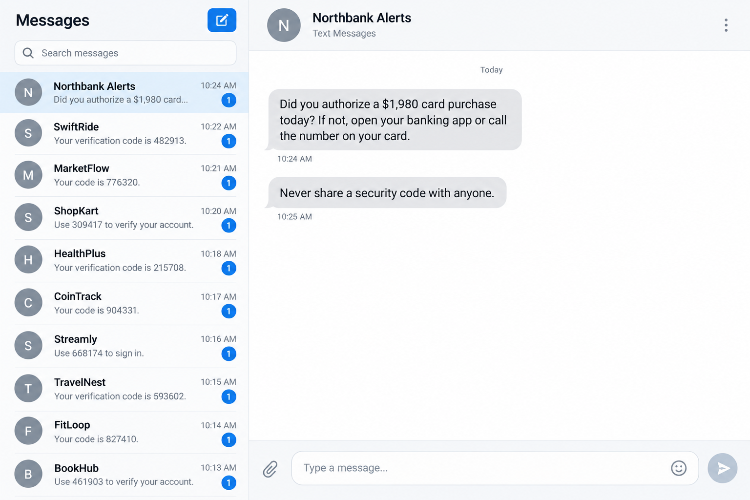 Illustrative bank alert opened from a crowded verification-message inbox