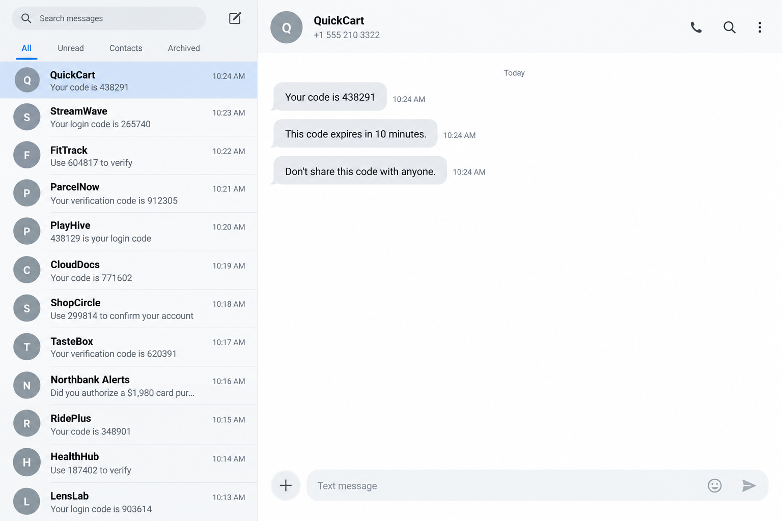 Illustrative messaging inbox crowded with fictional verification codes and one bank alert