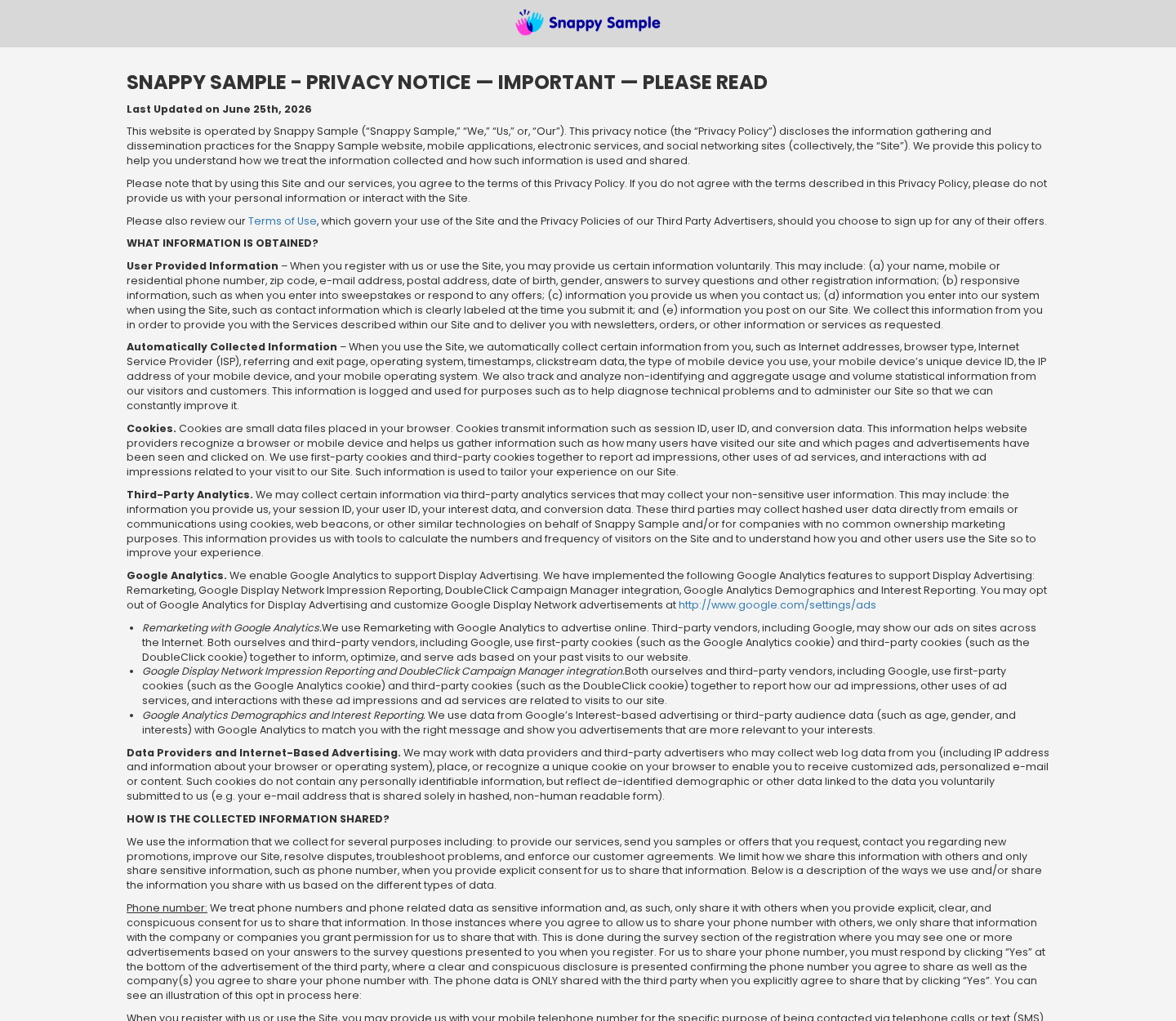 SnappySample privacy policy describing information collection and advertising data practices