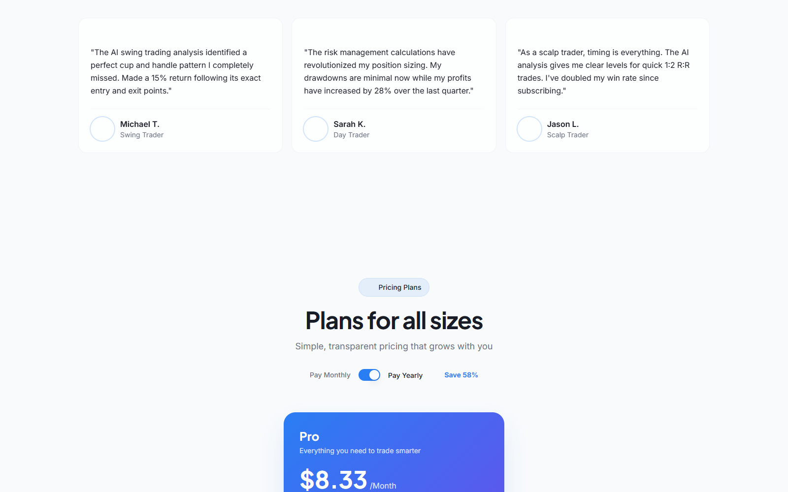 SnapTrader AI pricing page showing yearly billing, savings language, and the Pro subscription