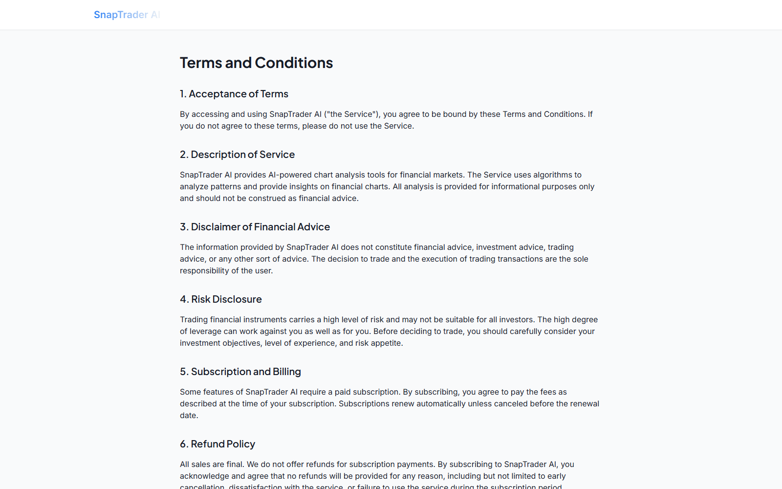 SnapTrader AI terms showing automatic renewal, trading risk disclosure, and no-refund policy