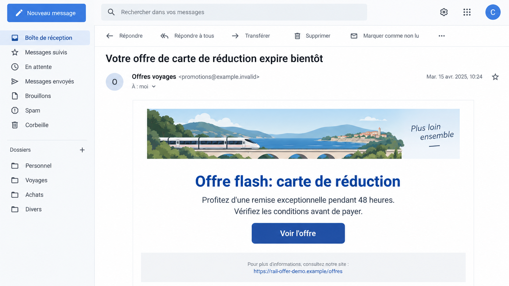 Fake SNCF Discount Emails Lead to a Second Scam From a Fake Bank Caller 1 Fictional reconstruction of a French rail-discount phishing email with a flash-offer button and example-domain link