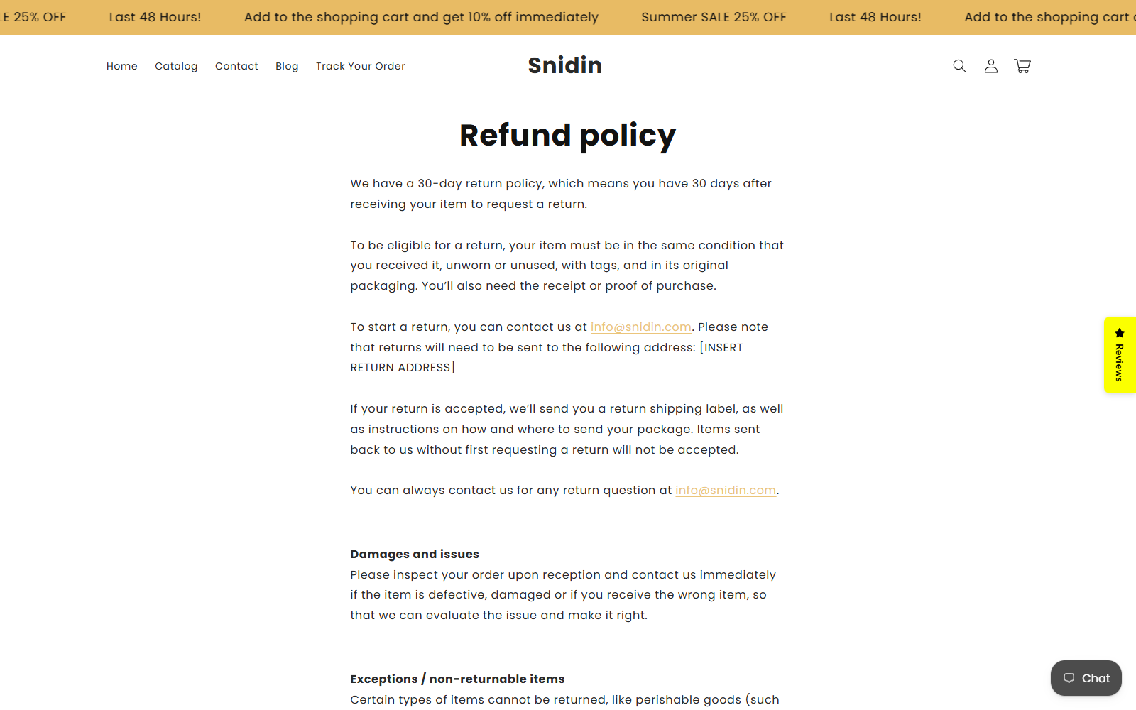 Snidin Bakuchiol Serum Reviews: Store Errors Exposed 3 Snidin refund policy showing an insert return address placeholder and unused product requirement