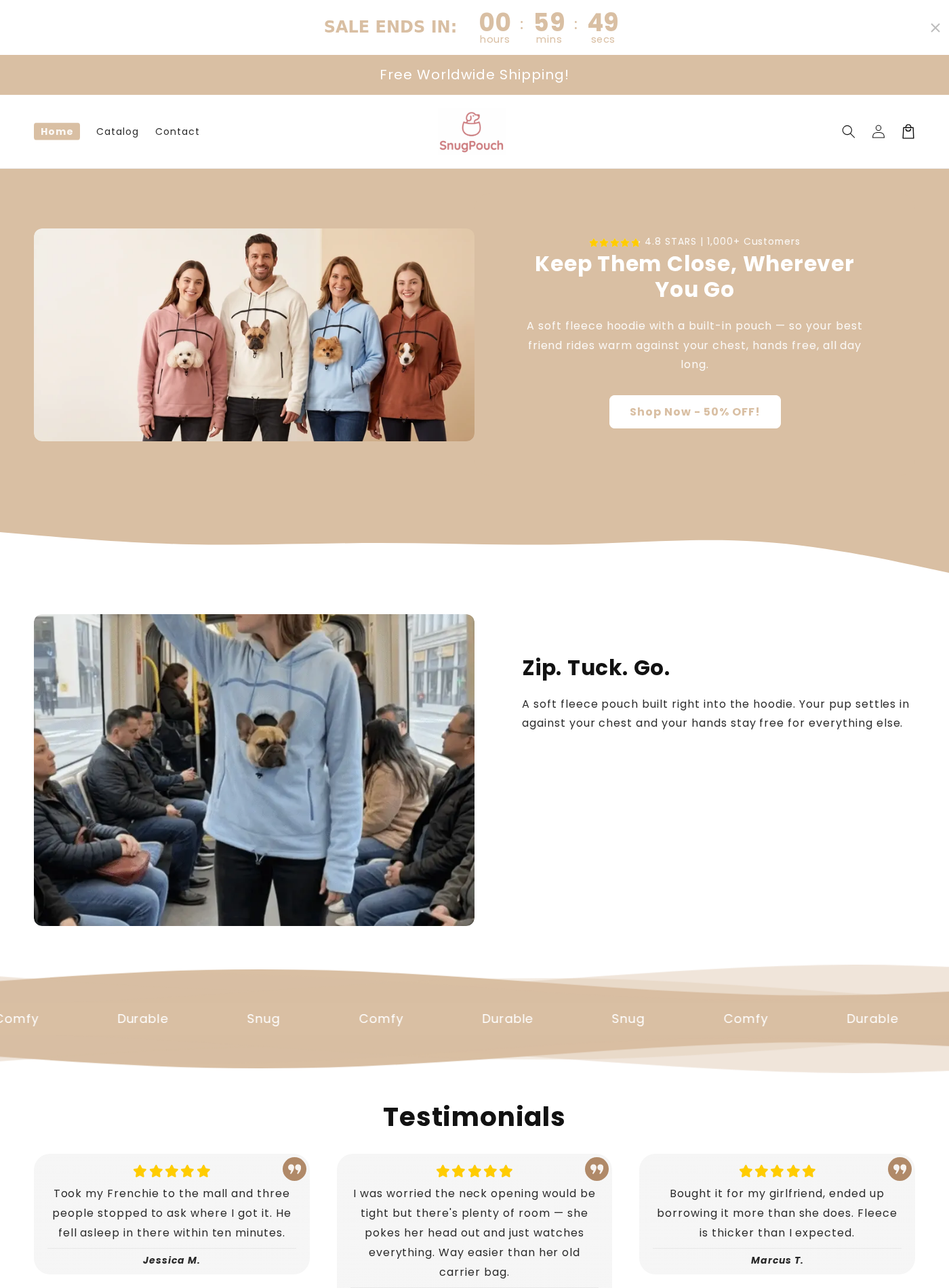 SnugPouch homepage advertising a pet carrier hoodie with a 50% discount and unverified customer claims