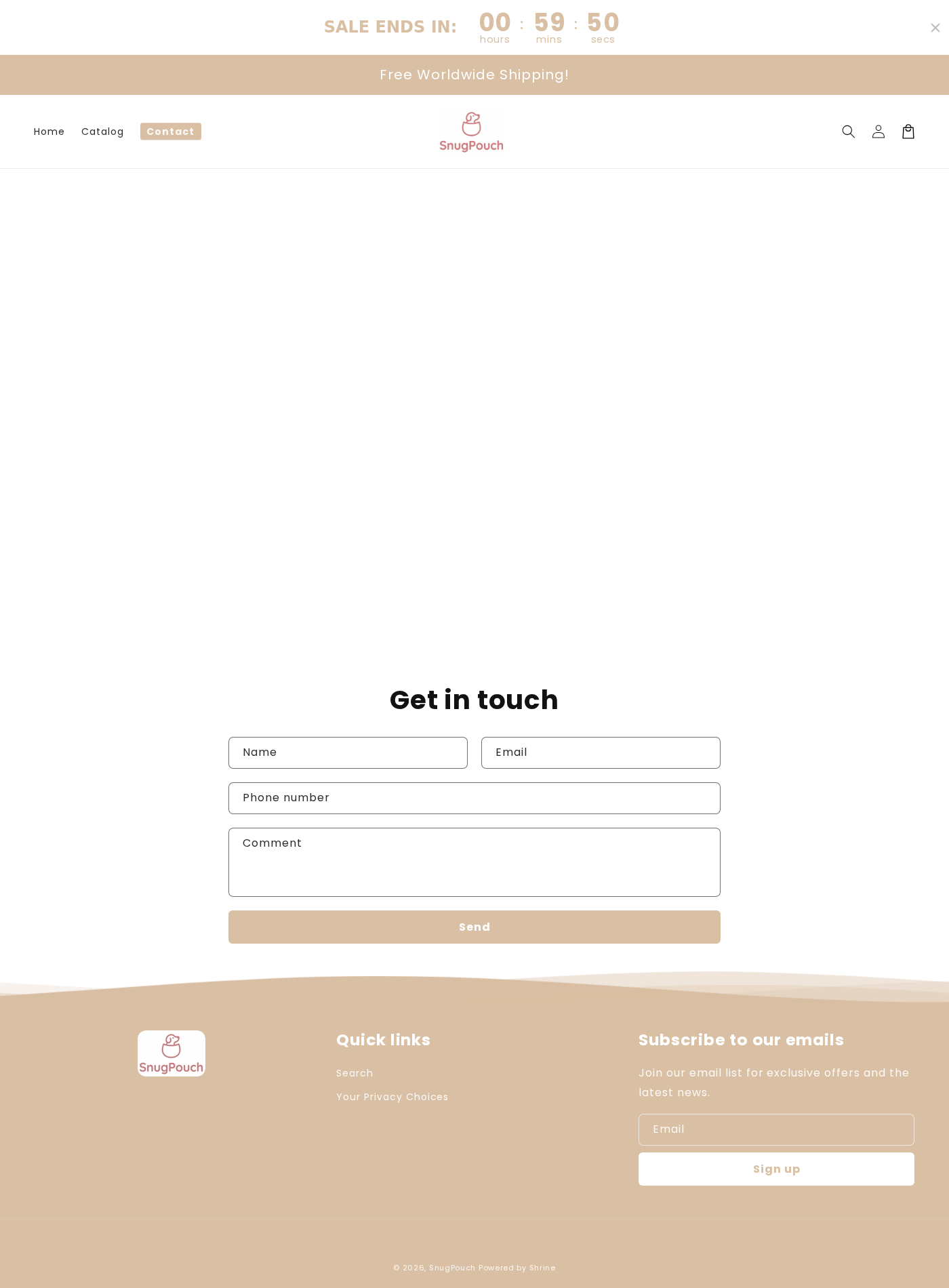 SnugPouch contact page showing only a web form without a visible company address, telephone number or support email