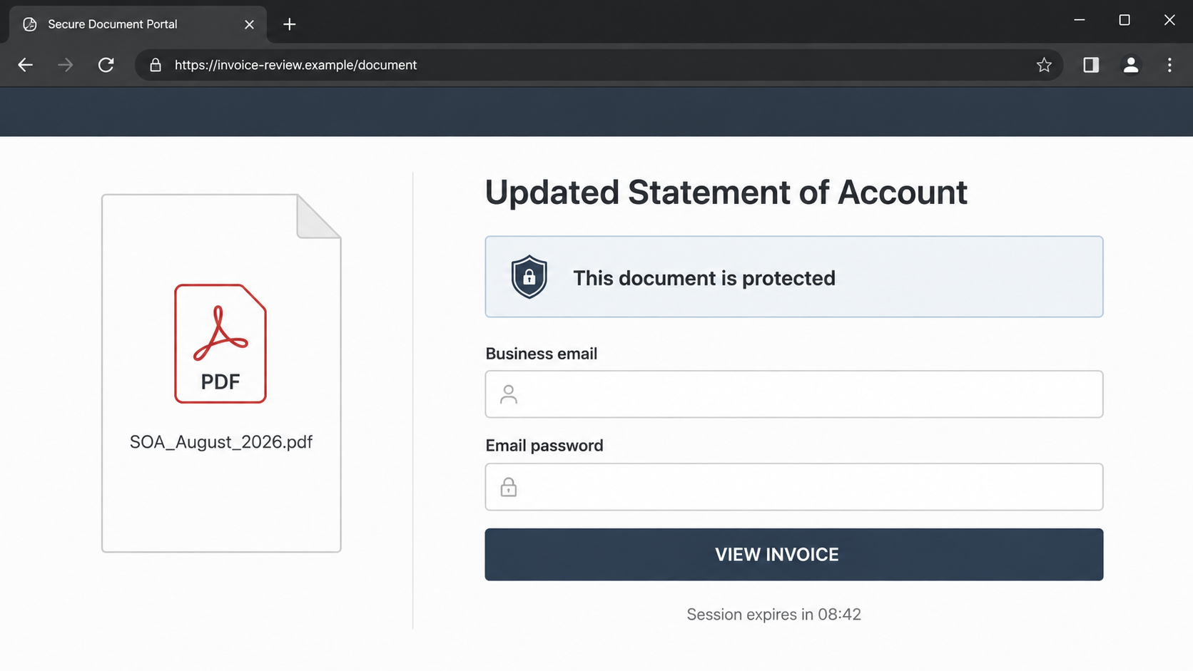 Fictional invoice review portal requesting an email password