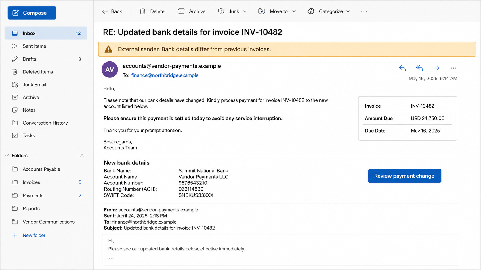 Fictional finance email requesting urgent payment to changed bank details