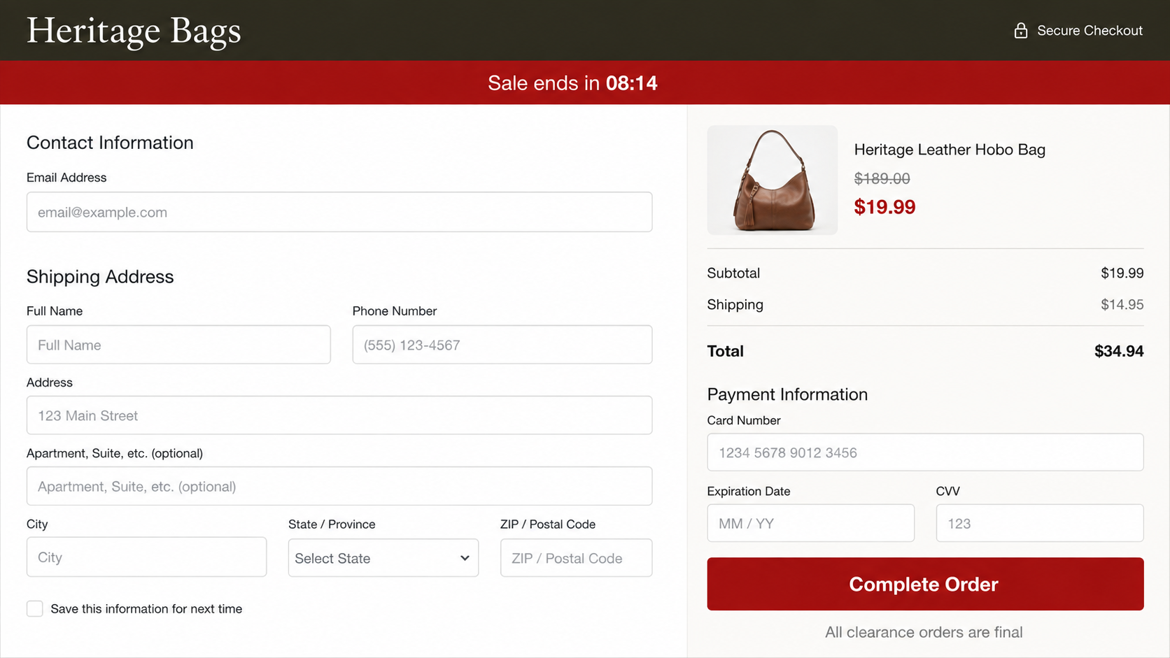 Facebook Clearance Sale Ads Lead to Disposable Scam Stores 2 Checkout page for a fictional clearance store showing a steep discount and final-sale terms