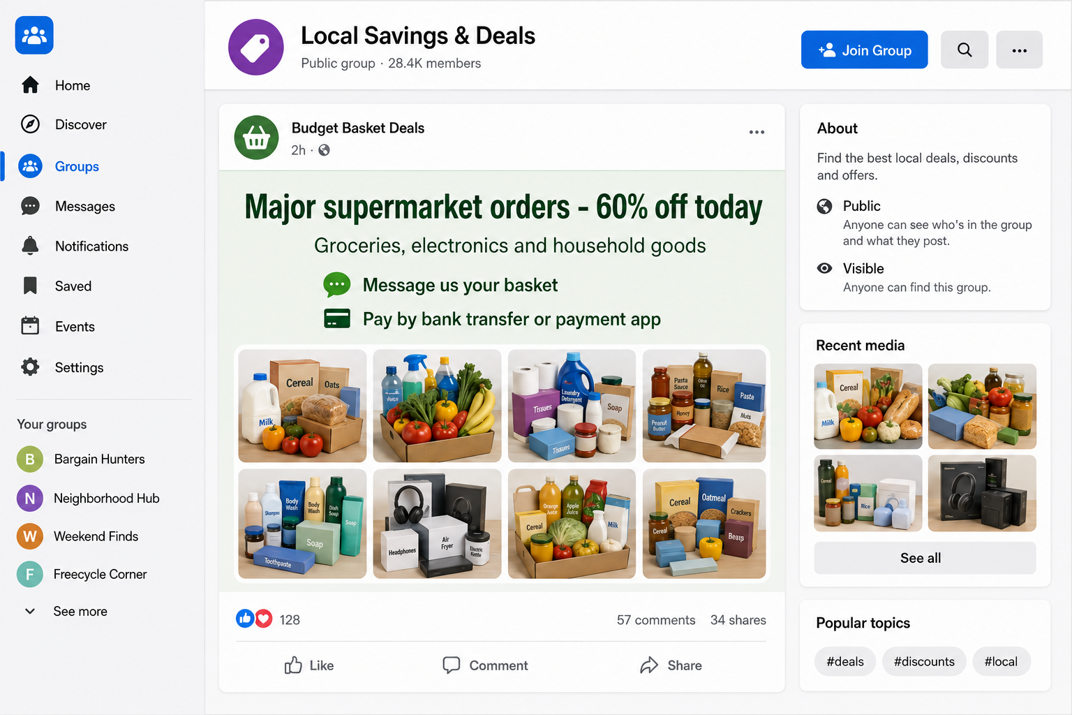 Social Media Grocery Discount Scam Takes Your Money 1 Social media grocery discount scam shown as a fictional local deals group post