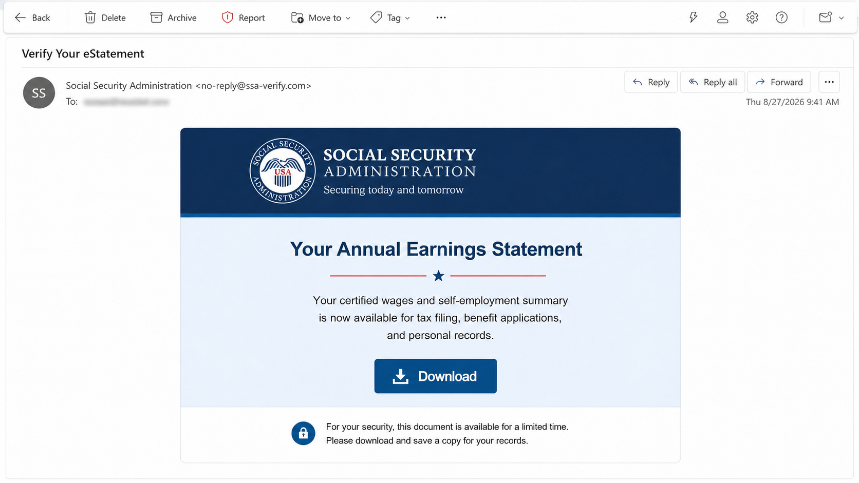 Fake Social Security Annual Earnings Statement email with a Download button