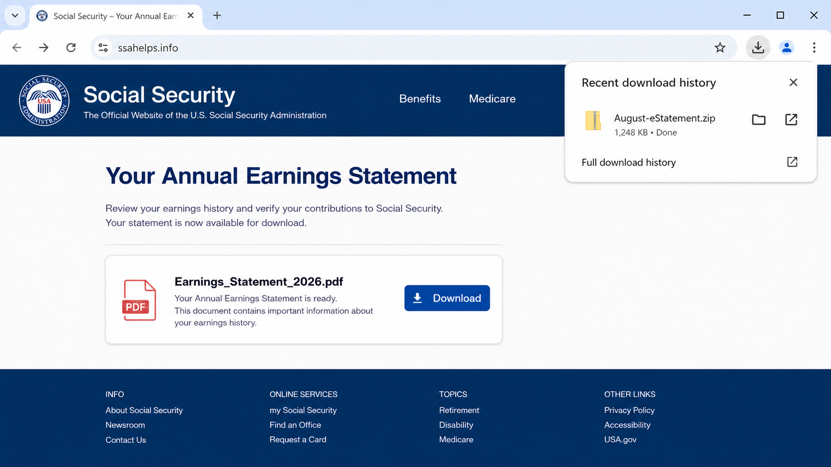 Fraudulent ssahelps.info page downloading August-eStatement.zip instead of a PDF