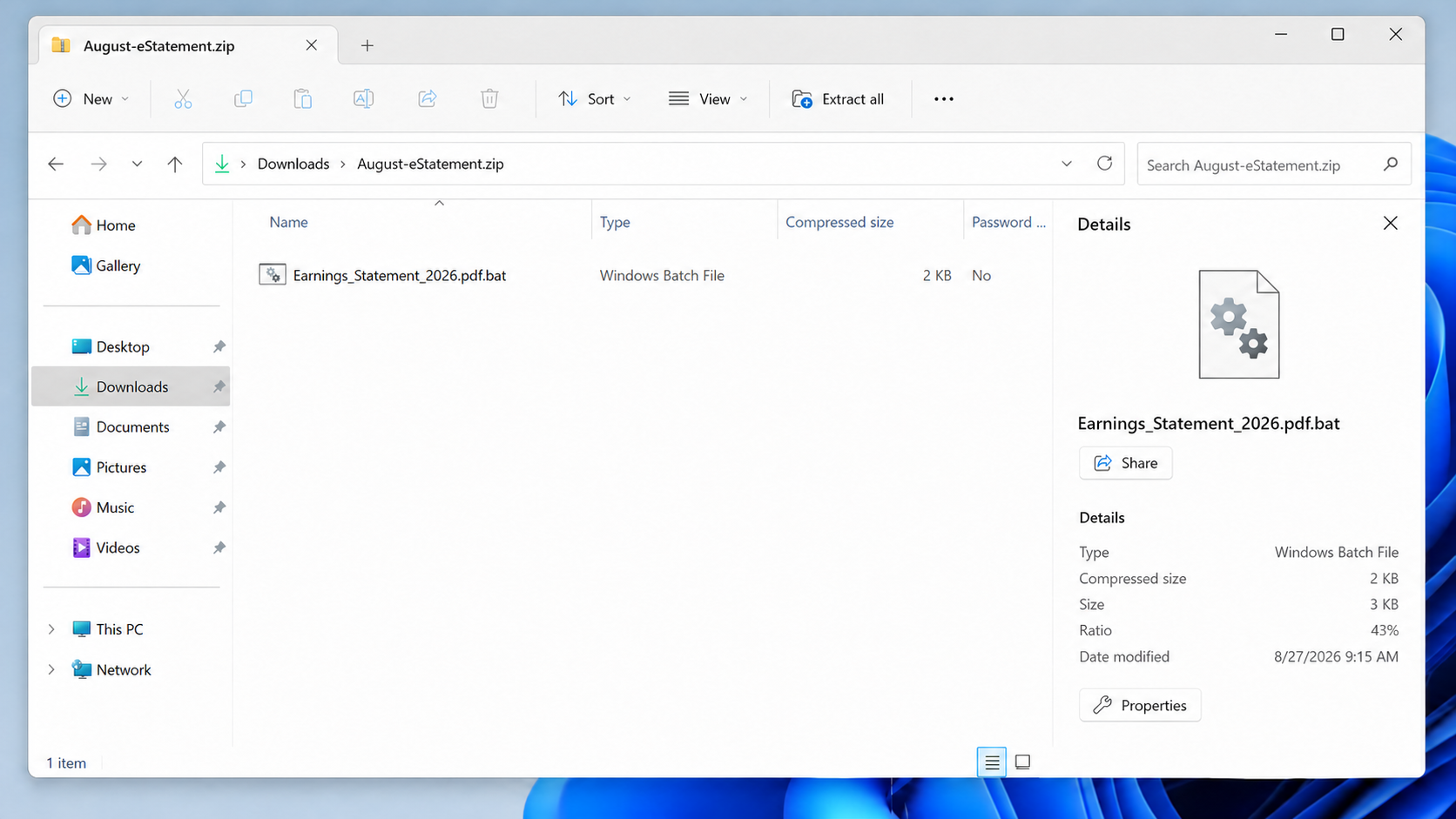 Windows archive showing Earnings_Statement_2026.pdf.bat as a batch file