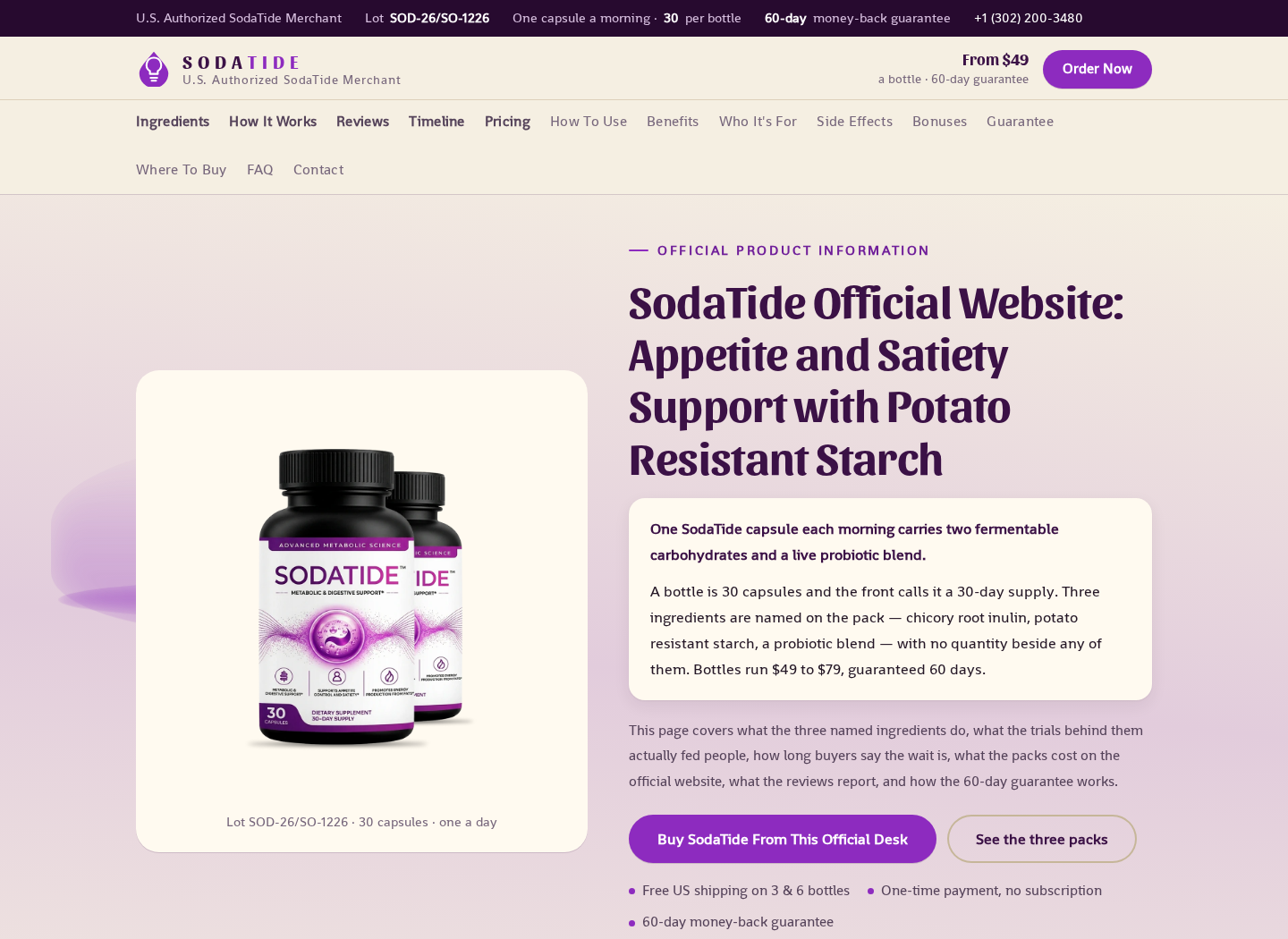 SodaTide website displaying digestive capsules and bundle pricing