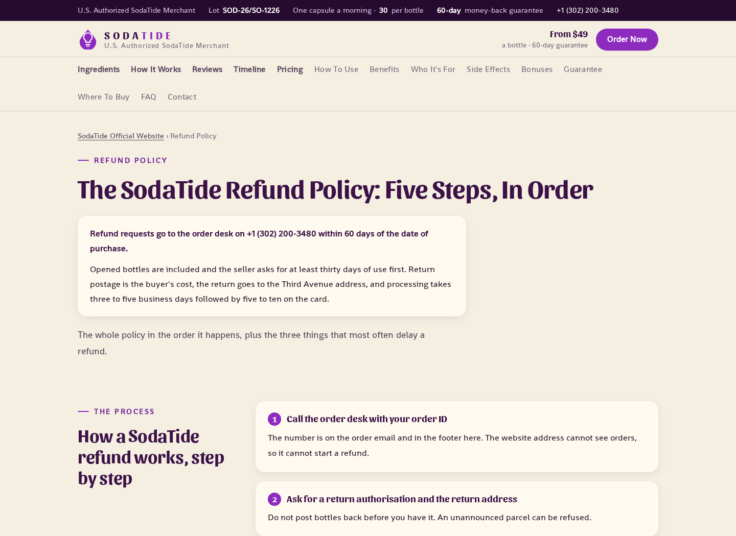 SodaTide refund policy explaining the 60-day return process