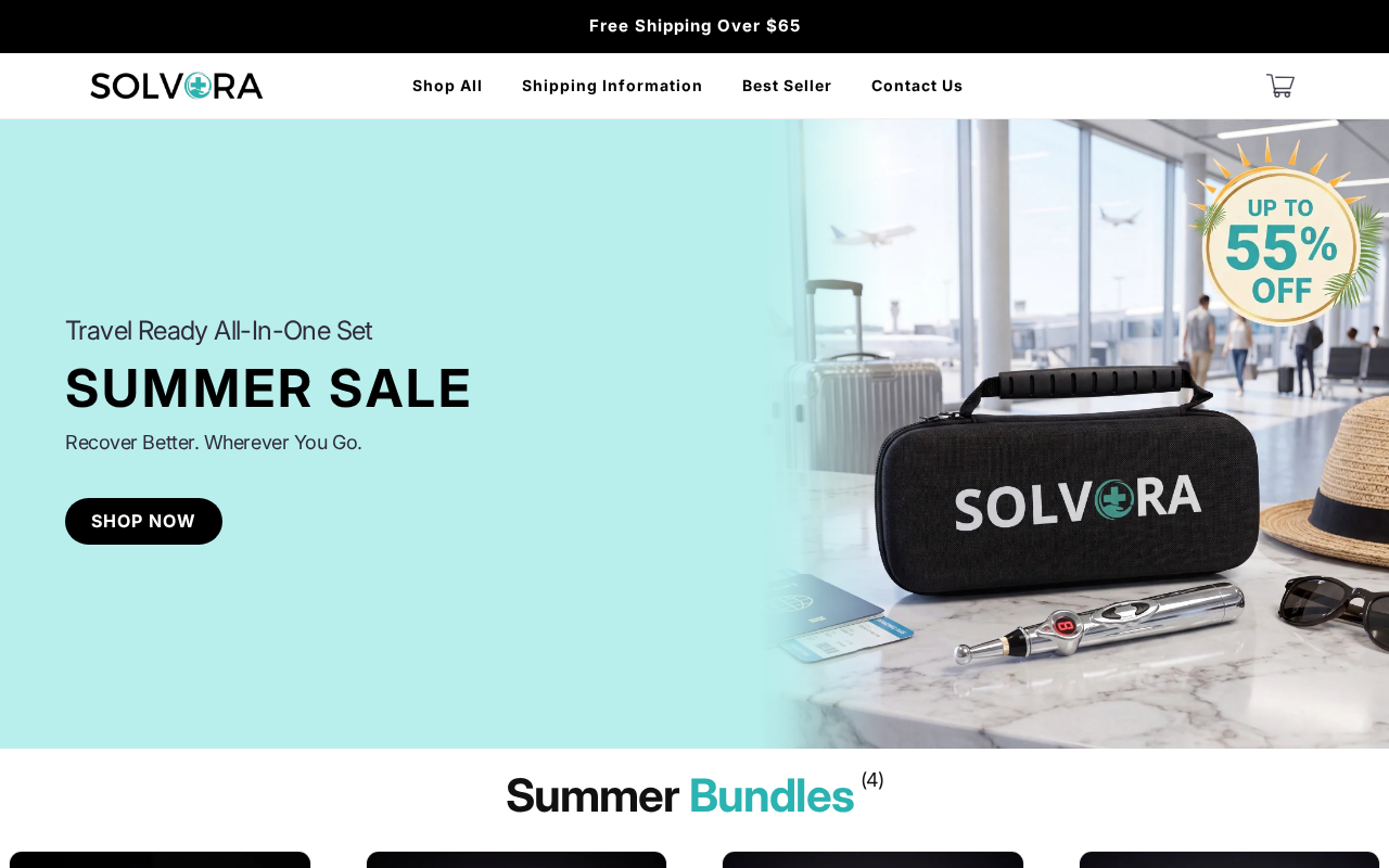 Solvora homepage summer sale hero featuring the V1 pen, travel case, and up to 55% off badge