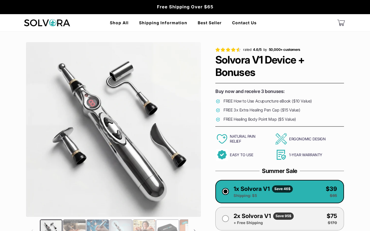 Solvora V1 product page showing the acupuncture pen, bonuses, and a $39 sale price marked down from $85
