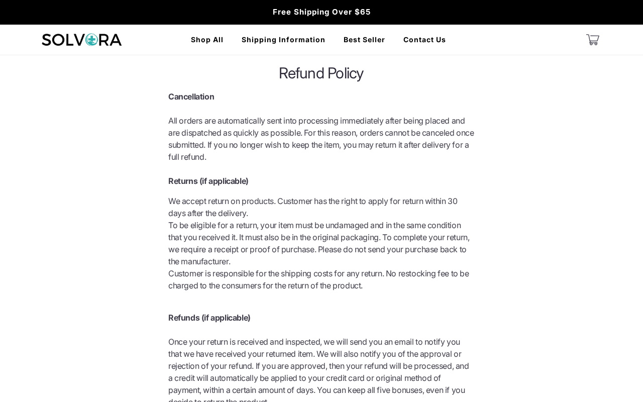 Solvora refund policy page stating orders cannot be cancelled after submission and outlining 30-day return conditions