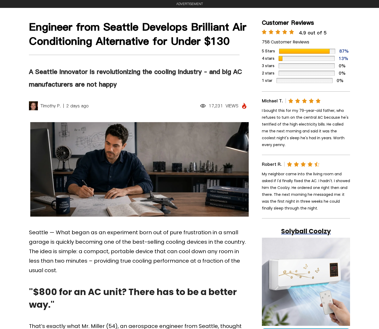 Solyball Coolzy advertorial claiming an inexpensive portable air conditioning breakthrough