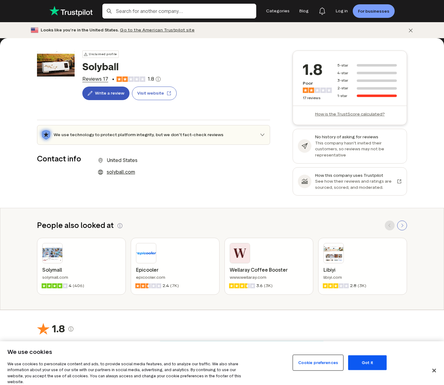Solyball customer review page showing widespread one-star complaints about Coolzy