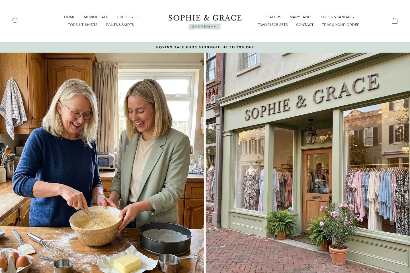 Sophie and Grace Savannah online store showing a moving sale and family boutique story