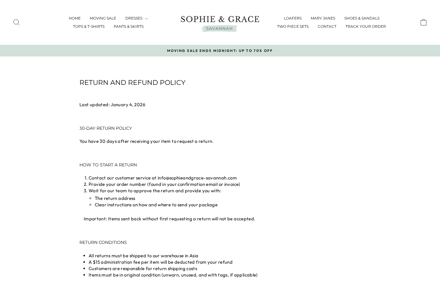 Sophie and Grace Savannah return policy stating that returns go to an Asian warehouse