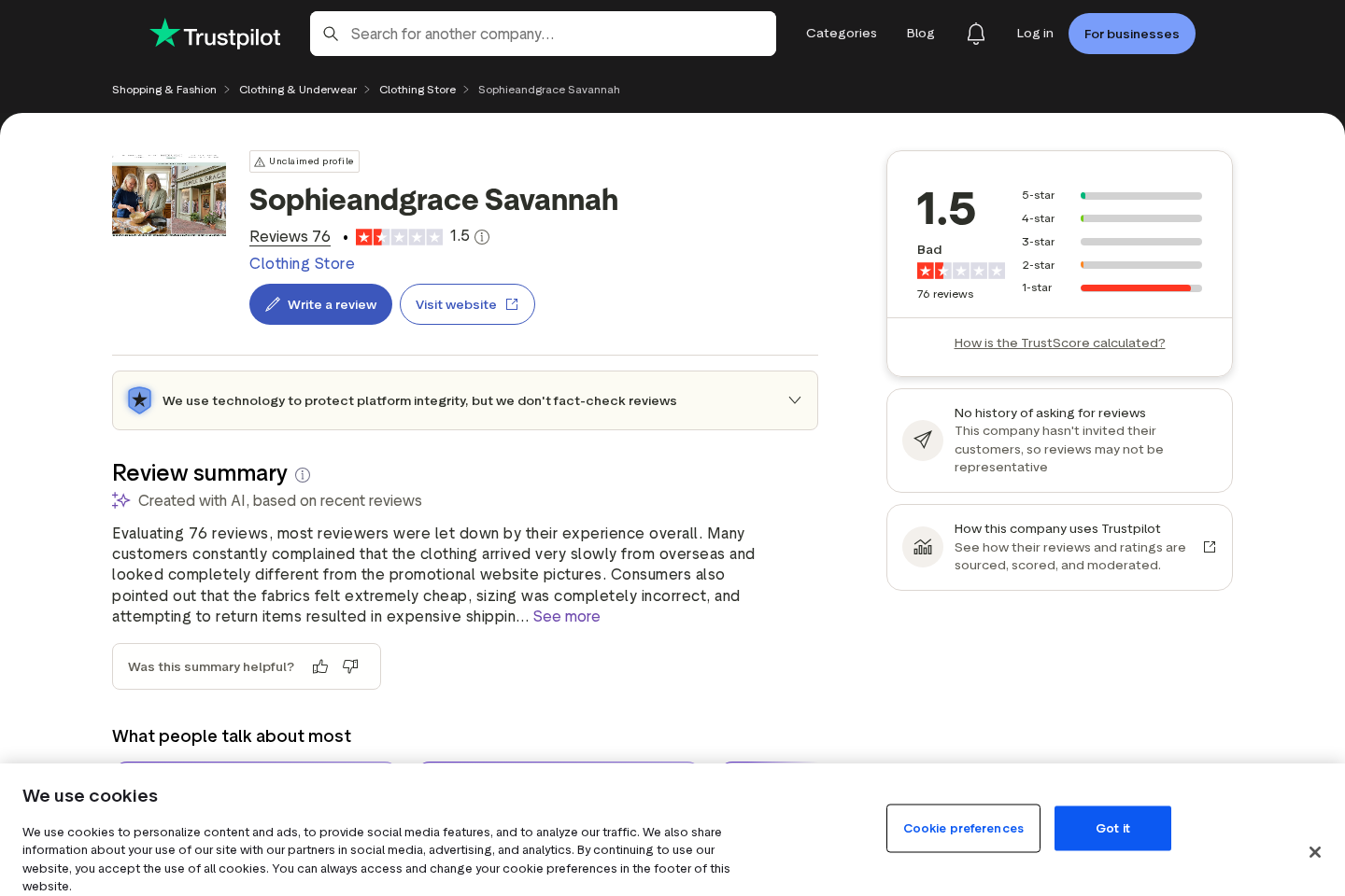 Trustpilot reviews for Sophie and Grace Savannah showing a low customer rating
