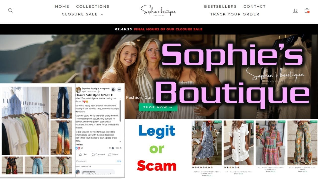 Sophies Boutique Hamptons closing sale review graphic showing the storefront, social advertisement, and discounted clothing