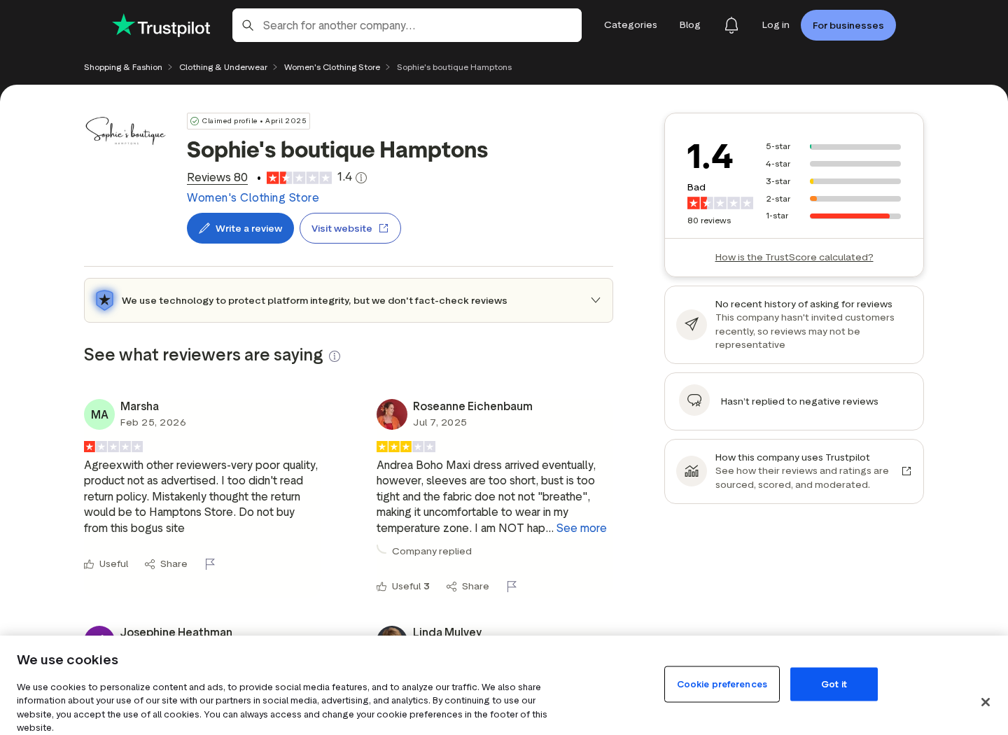 Trustpilot page showing numerous complaints and a low rating for Sophies Boutique Hamptons