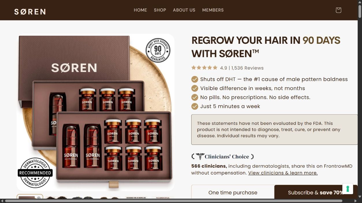 SØREN Hair Regrowth System page showing micro-infusion kits, claims, and subscription pricing