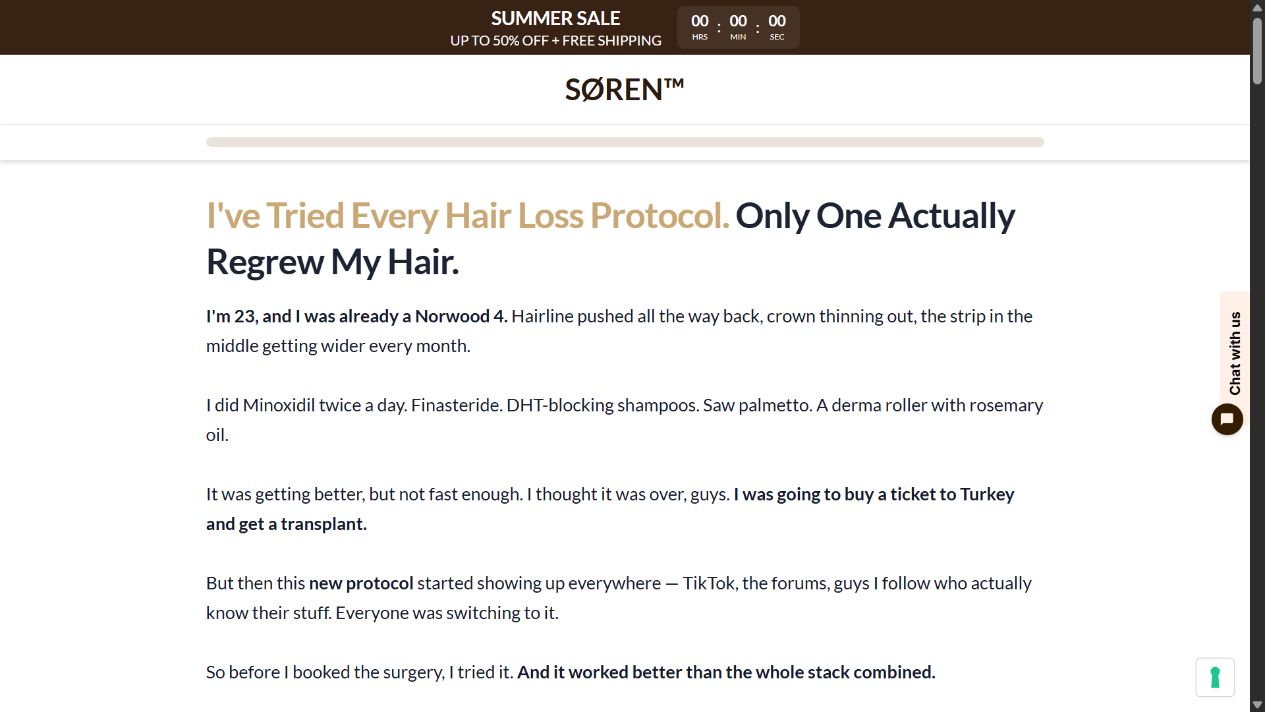 SØREN advertorial using a personal hair-loss transformation story and verified buyer card
