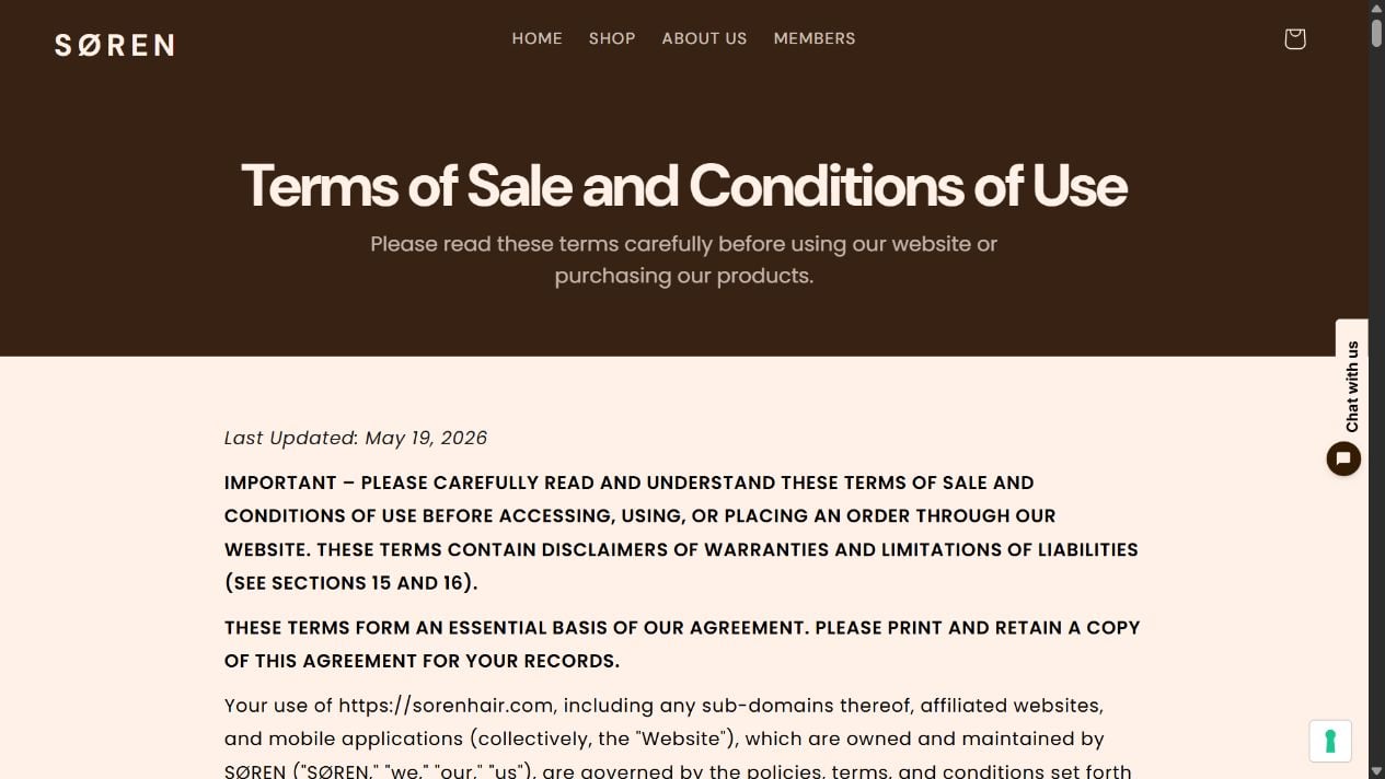 SØREN terms page describing the agreement governing purchases and use