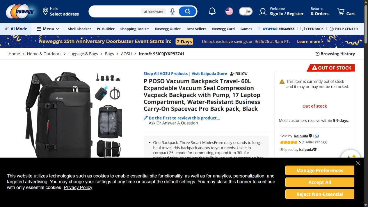 SpaceVac Pro Backpack Review: Viral Packing Claims and Seller Risks Exposed 1 Marketplace listing for a generic SpaceVac Pro style vacuum compression travel backpack with an electric pump
