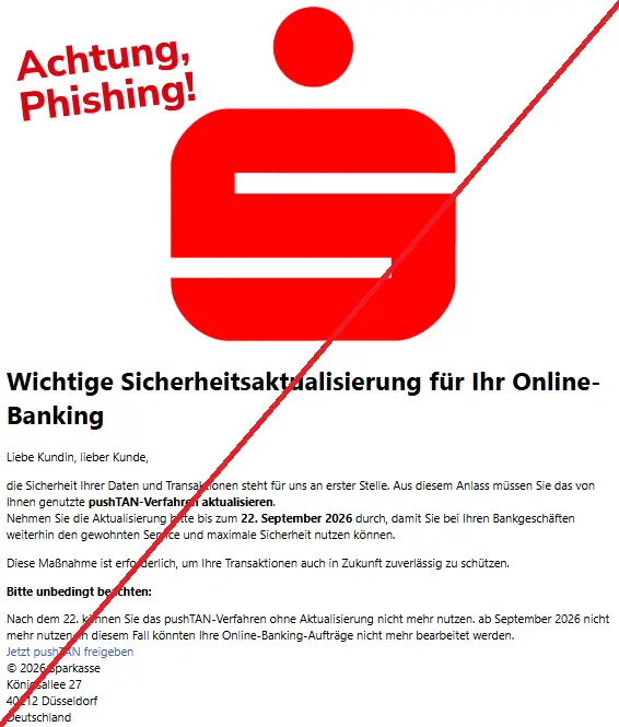 Authentic Sparkasse phishing email demanding a pushTAN update, with an urgent deadline and a consumer warning annotation
